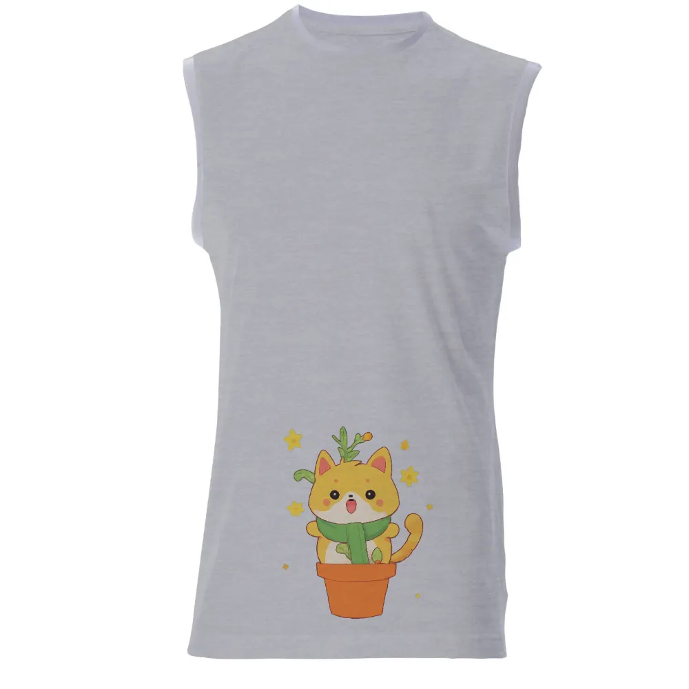 TShirt Design: Whimsical Yellow Cat in Orange Flower Pot| vibrant and colorful illustration