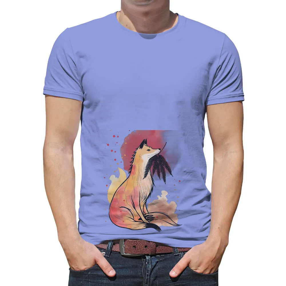 T-Shirts Pattern: Fox with Fern Under Crimson Moon| dreamlike atmosphere