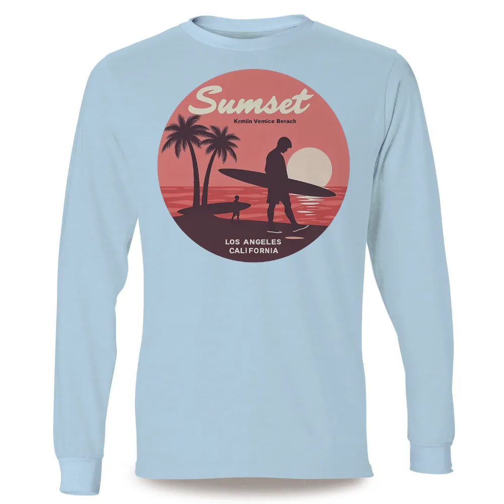 Custom T-Shirt Printing: Father and Son Surfing at Sunset | Venice Beach| palm trees