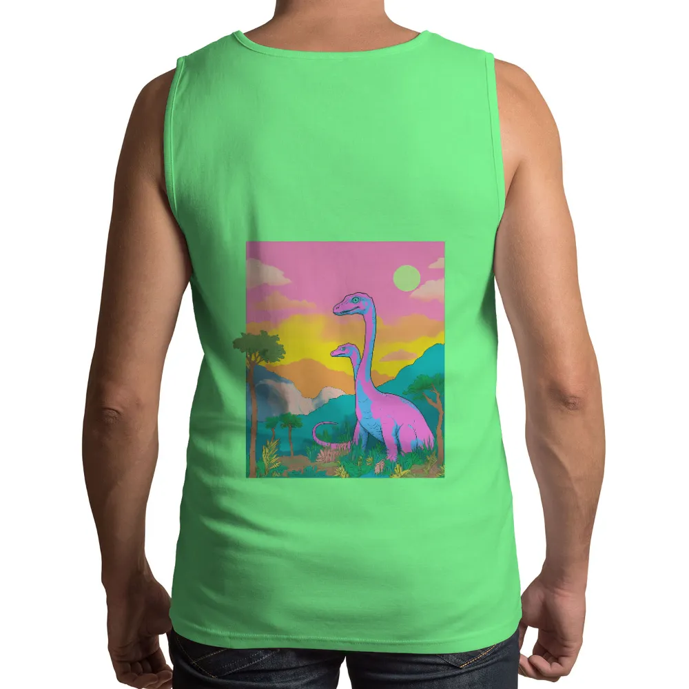 Customized Tee Shirts: Majestic Dinosaurs in a Dreamy Landscape| Vibrant sunset sky