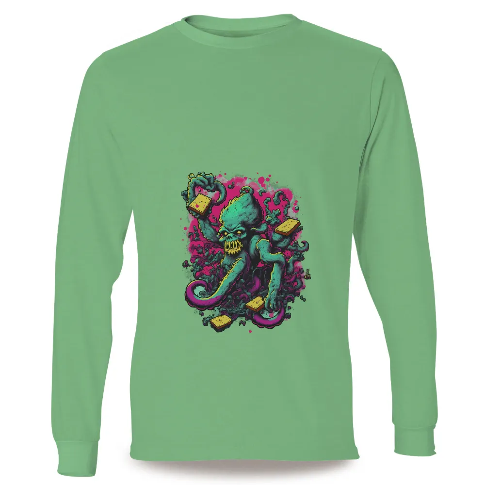 Tee Shirts Printed: Cthulhu Meets SpongeBob - Surreal Horror Pop Culture Design| chaotic pink and purple background