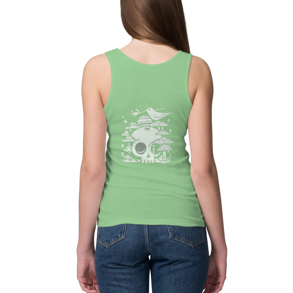 Custom T-Shirt Printing: Whimsical Skull & Mushrooms - Nature's Cycle| Bird with sprig