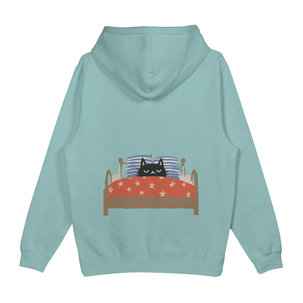 T-Shirt Printing: Cozy Nights with Whiskers - Black Cat, Red Blanket & Golden Stars| Relaxation