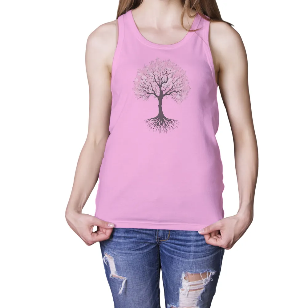 Unique Art Design: Tree with Pink Leaves and Detailed Roots|t shirt painting on nature