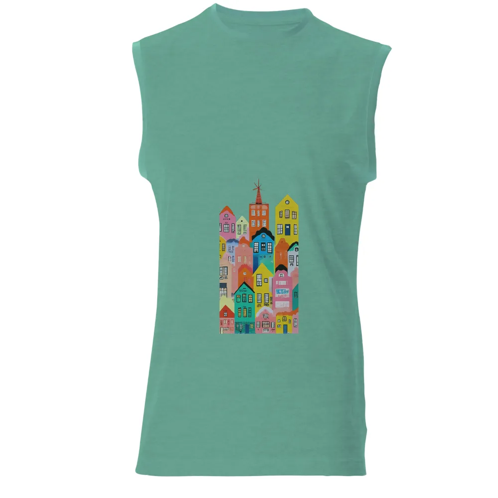 Shirts Graphic Tees: Whimsical City Life in Colorful Buildings|no money but love tshirt