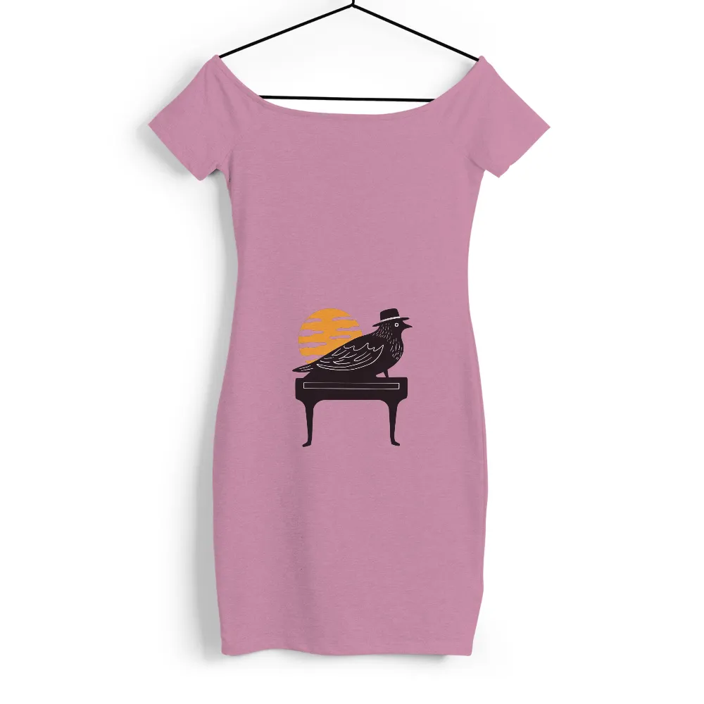 Customized Tee Shirts: Bird on Piano - Whimsical Artistic Design| orange sun