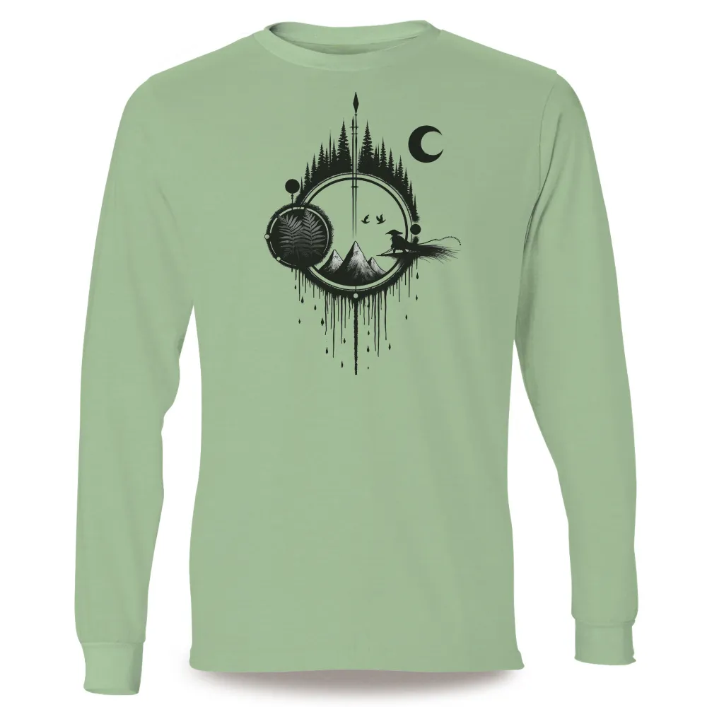 T-Shirts Custom: Witch's Magical Journey Through the Forest| mountains under a crescent moon