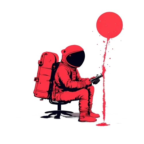 Surreal Minimalist Art with Astronaut, Chair, Controller, Red Balloon, and Paint