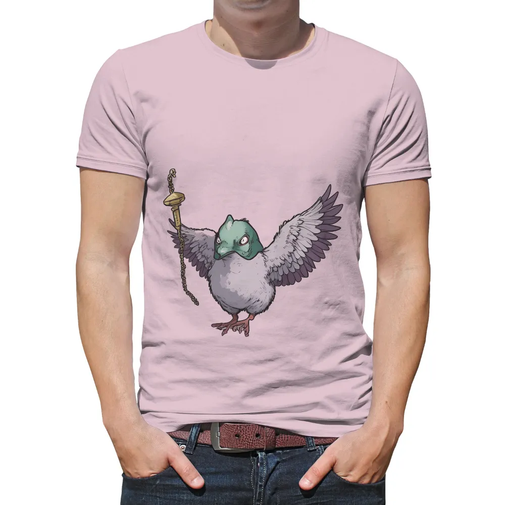 TShirt Design: Determined Bird with Mask and Golden Staff| Bird with wings spread wide