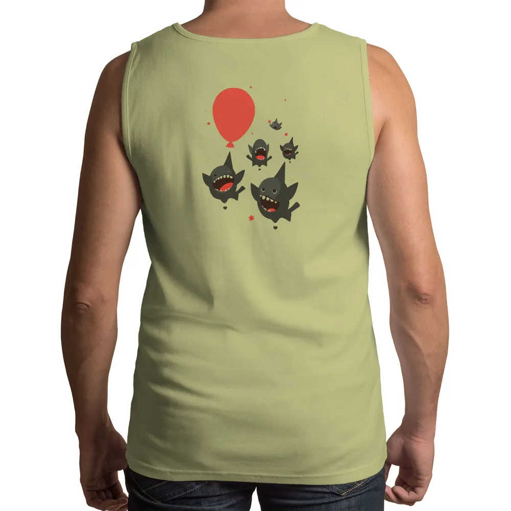 Tee Shirts Printed: Sharks Chasing Balloon in Playful Horror|Large shark chasing a red balloon