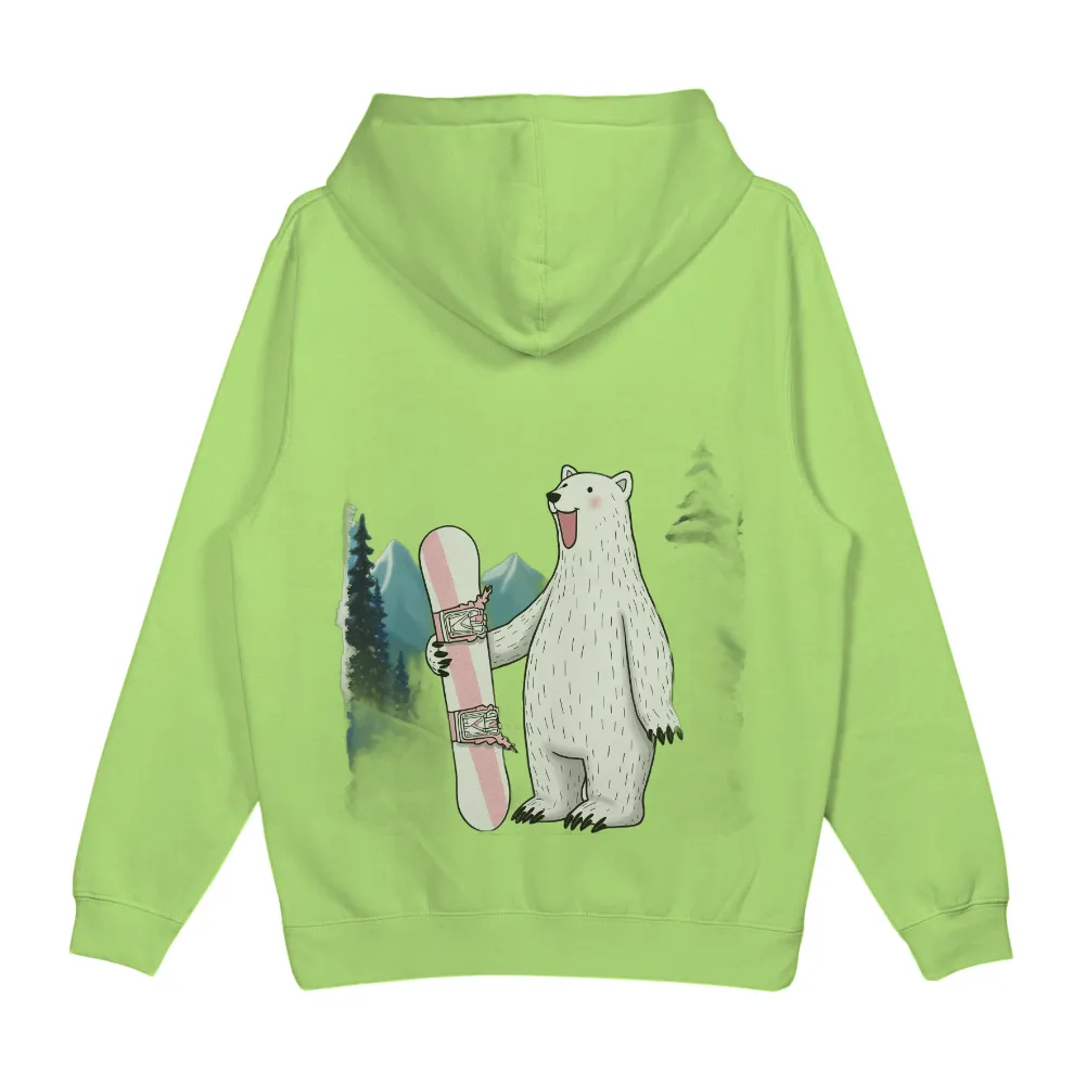 Tee Shirt Printing: Polar Bear Snowboarding Adventure|Joyful polar bear holding a pink snowboard