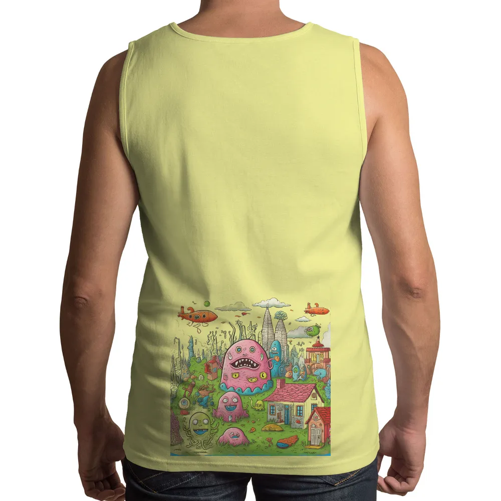 Custom T-Shirt Printing: Whimsical Village with Quirky Monsters|men's art cotton colorful printed loose casual shirts