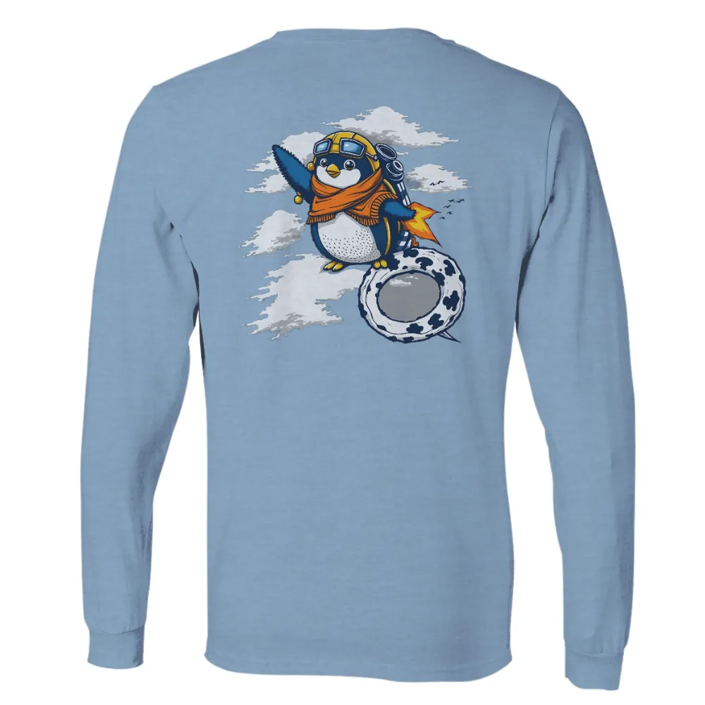 Custom Tee Shirts: Penguin Aviator Adventure| Fluffy clouds in the background