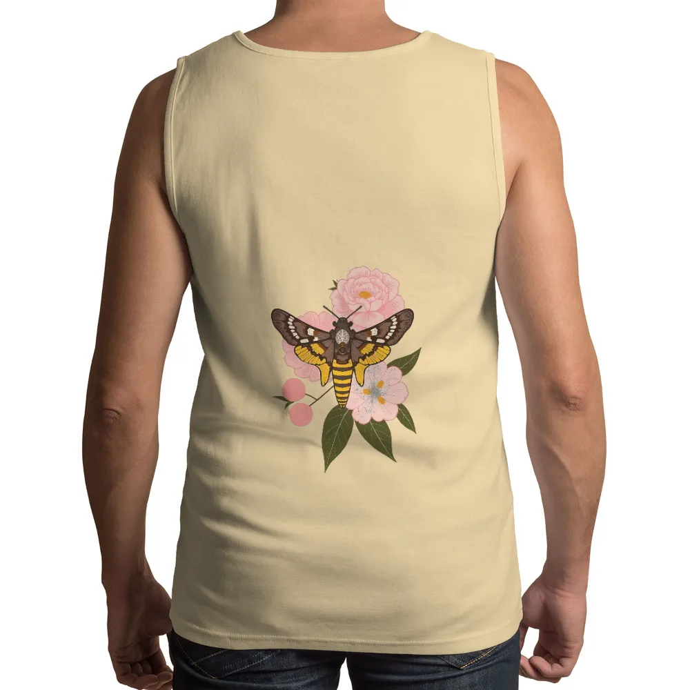 Graphic Tees: Moth & Pink Flower - Nature's Harmony| Detailed moth design