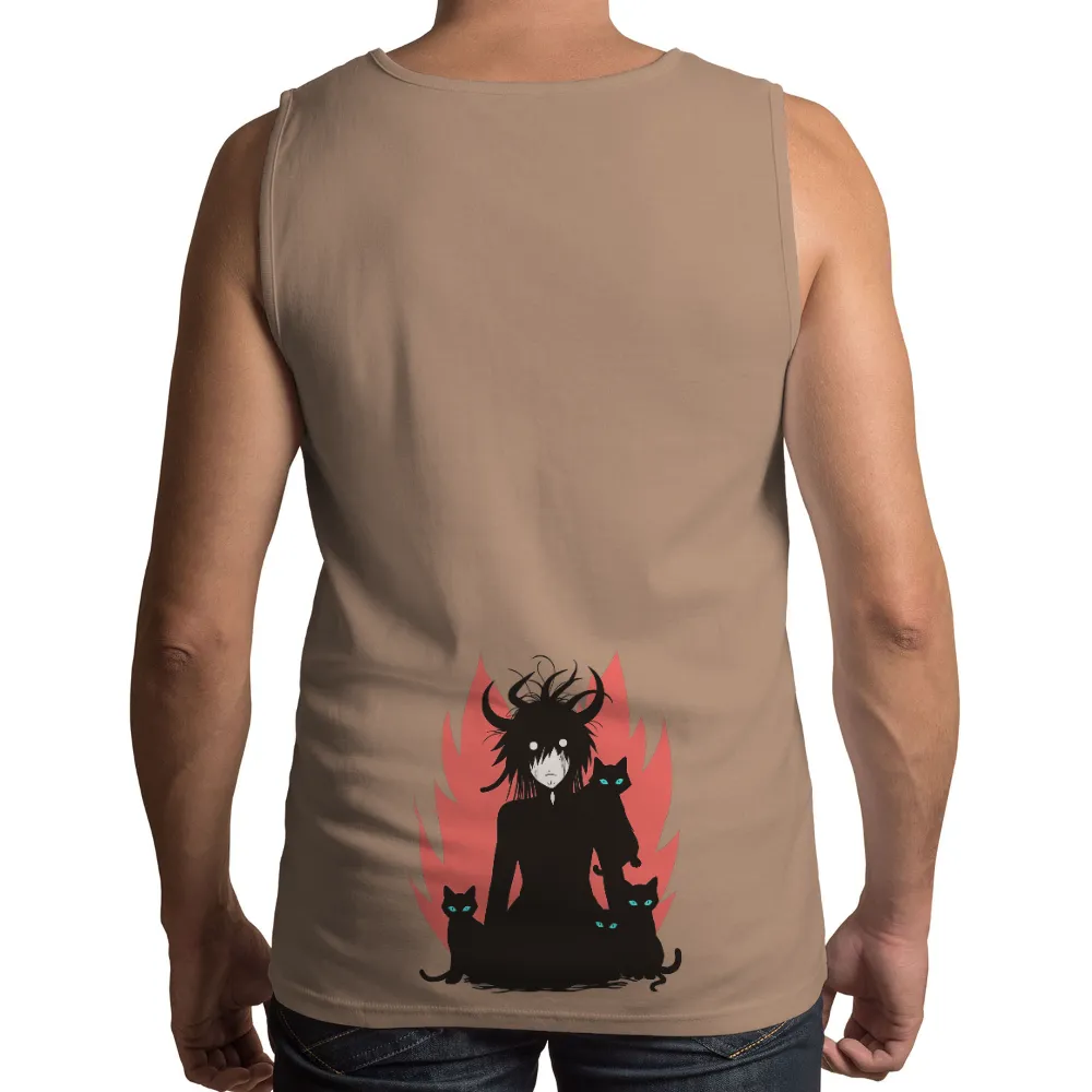 TShirt Design: Mysterious Figure with Black Cats - Anime & Cyberpunk Fusion|adopt black cats shirt hot topic