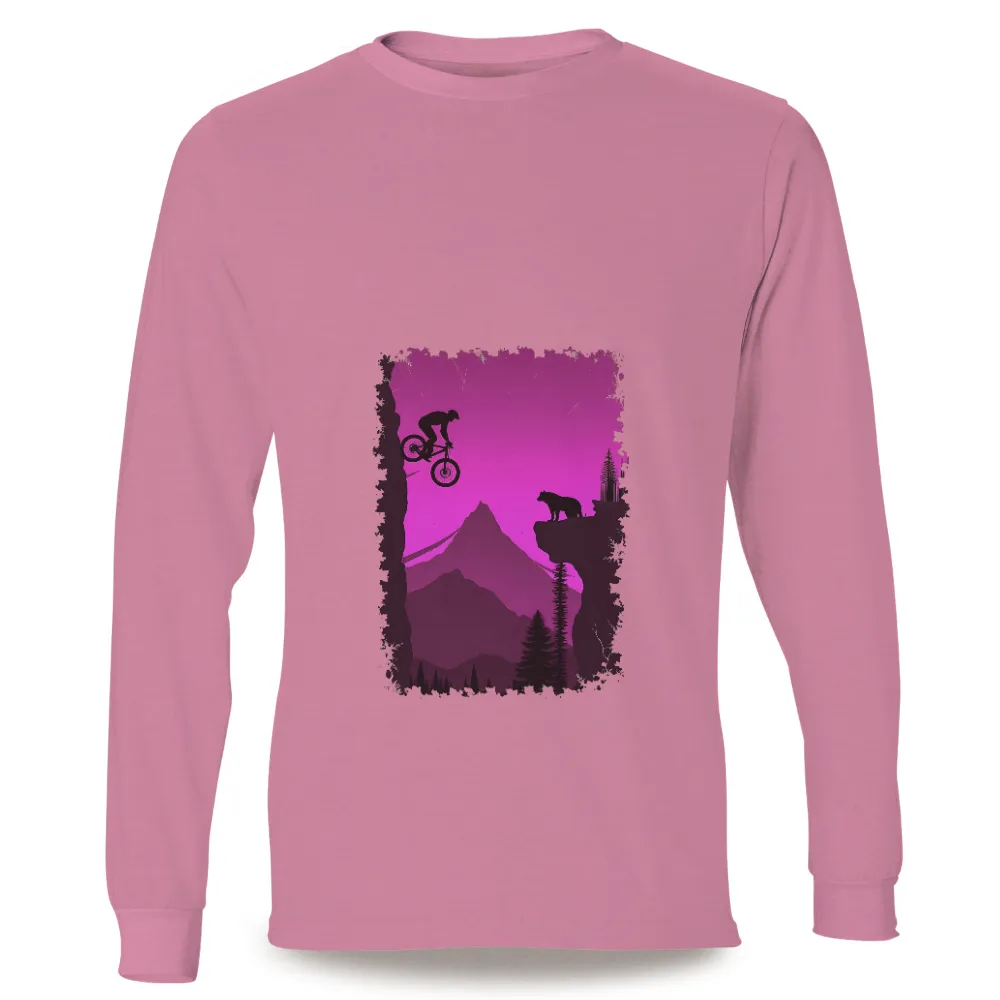 T-Shirts Design: Mountain Biking Adventure with Bear|Daring cyclist leaping off a cliff