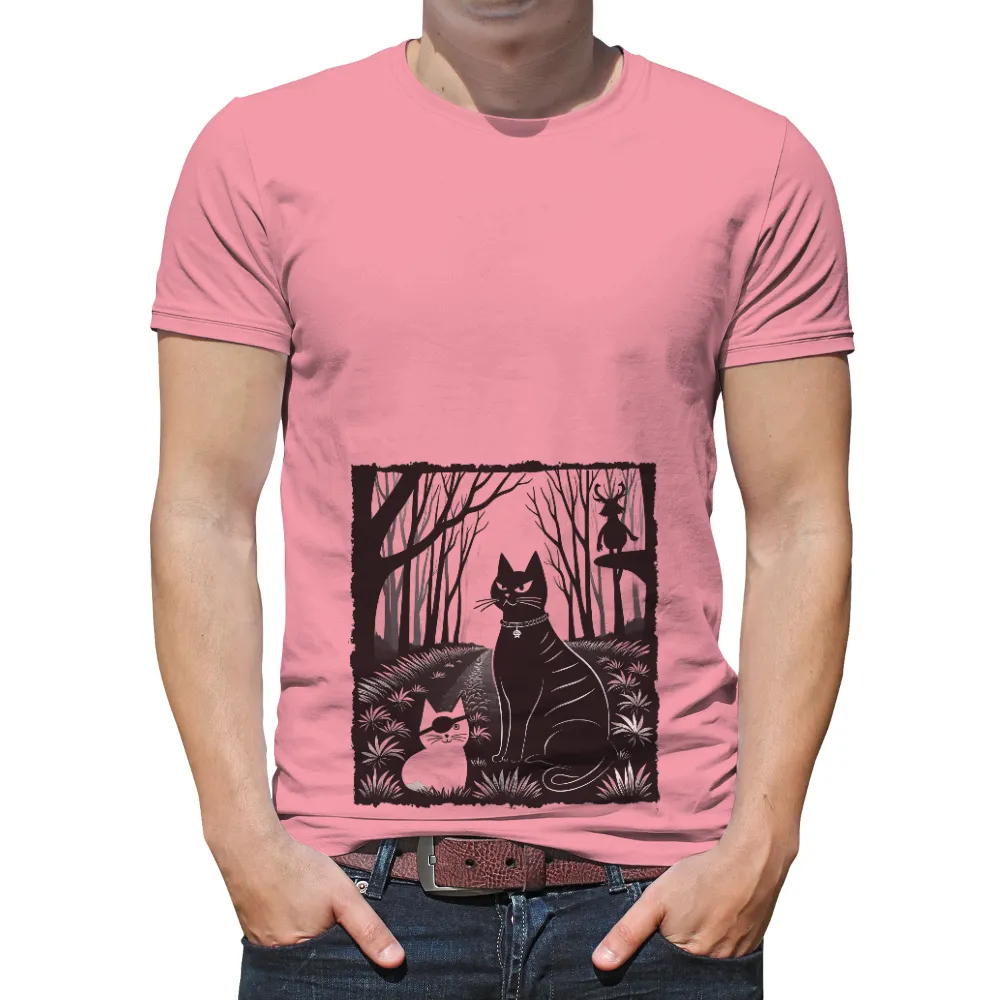 T-Shirt Printing: Enchanting Cats in the Dark Forest| Ground covered with plants and flowers