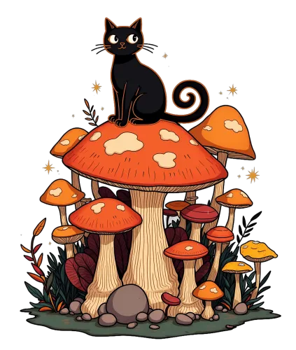 TShirt Design: Enchanted Forest with Magical Mushrooms and Black Cat