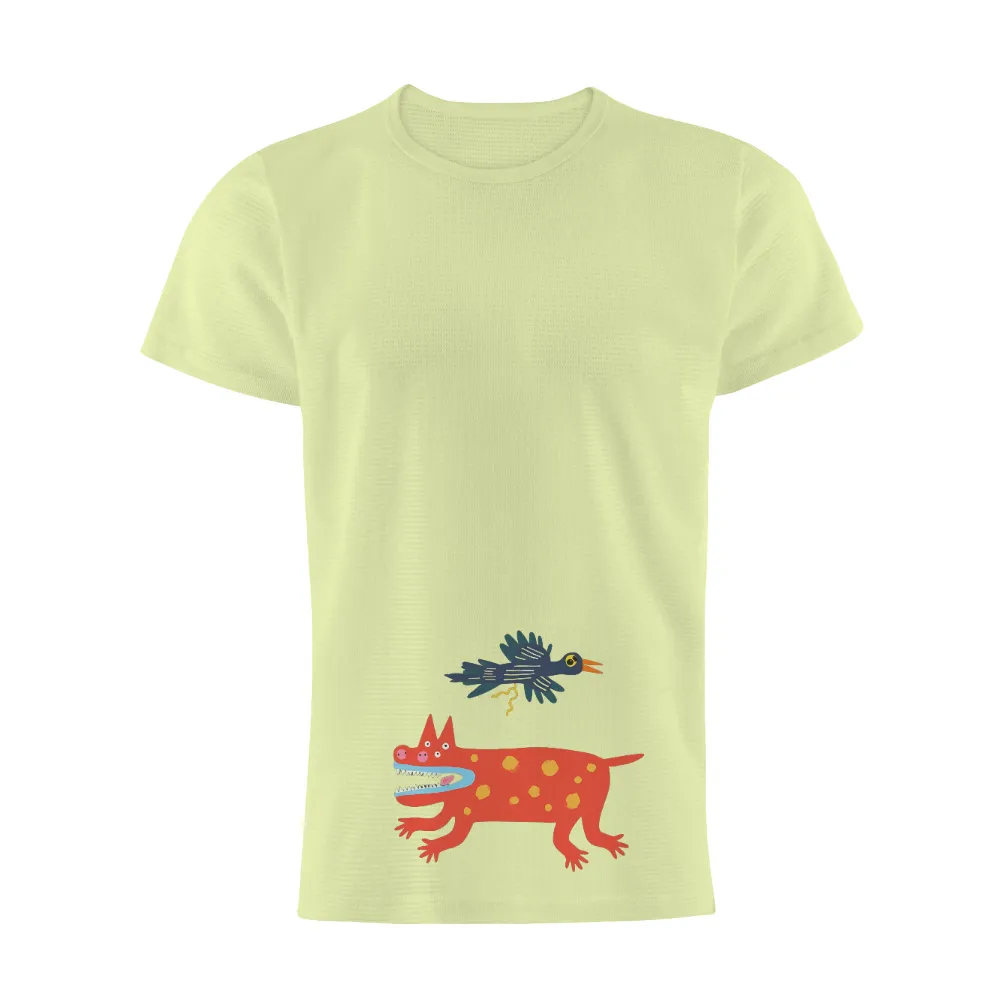 TShirt Printing: Whimsical Fantasy Creatures | Red Creature, Blue Bird| Whimsical fantasy world