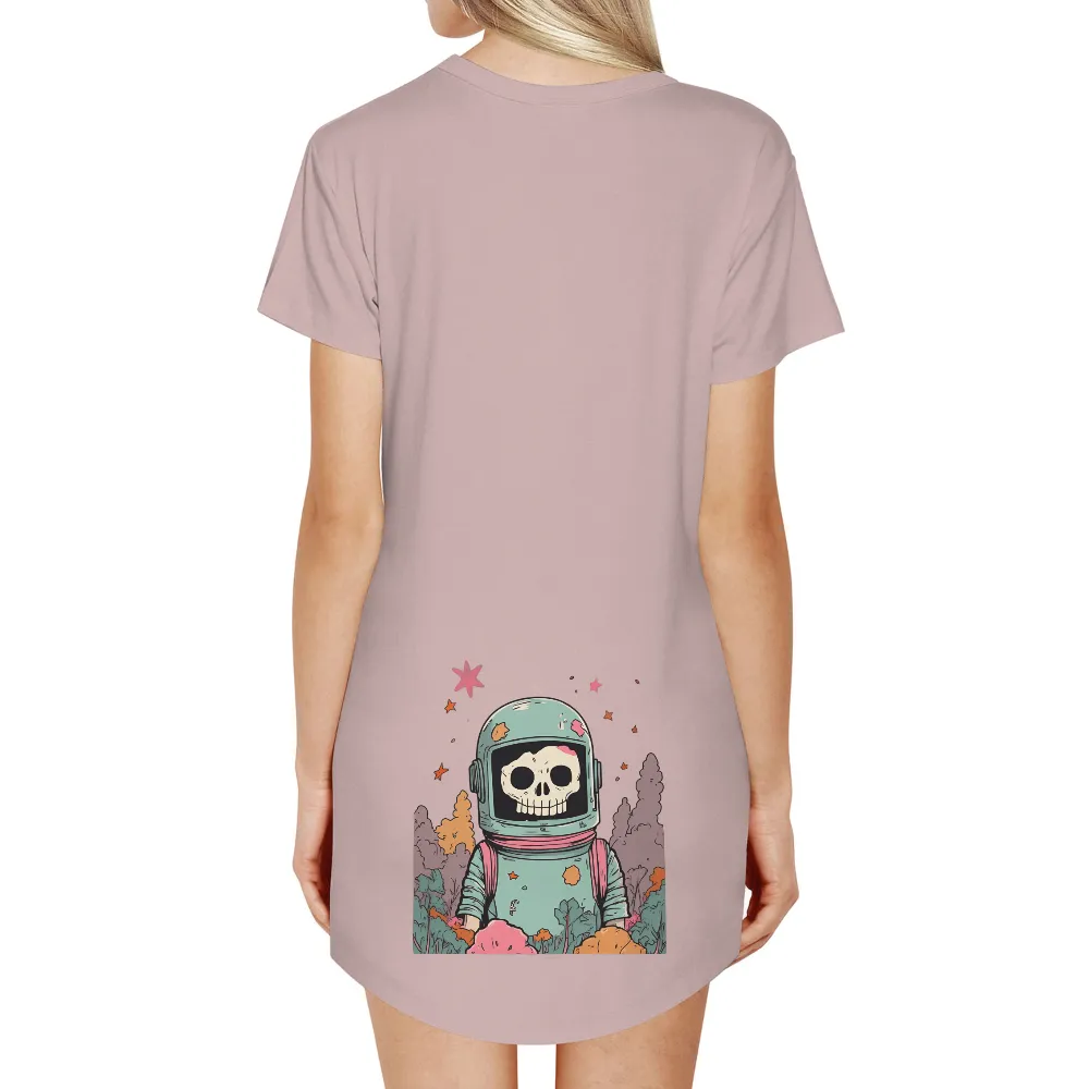 Custom T-Shirt Printing: Whimsical Skeleton Astronaut Adventure|white and pink skeleton shirt