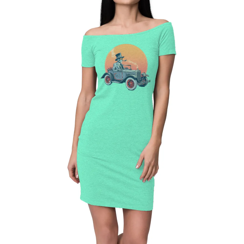 Vintage Skeleton Design with Classic Car and Warm Orange Sun|military t shirts humor uk