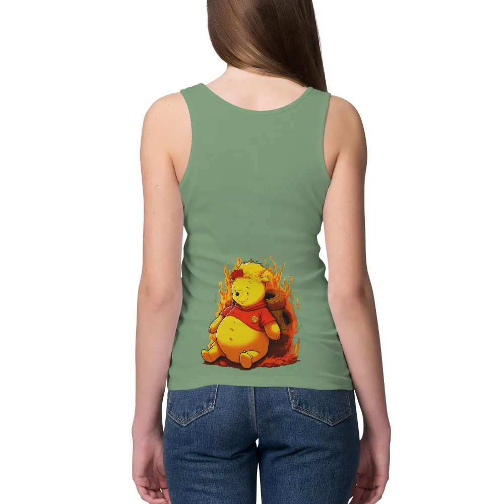 Tee Shirts Printed: Resilient Nostalgia - Beloved Character in Flames| Fiery flames background