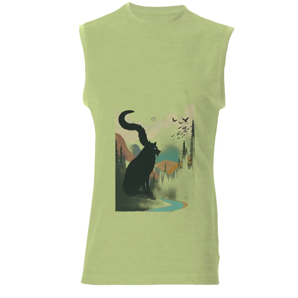 Tee Shirts Printed: Black Cat in the Moonlit Forest|Black cat with glowing eyes