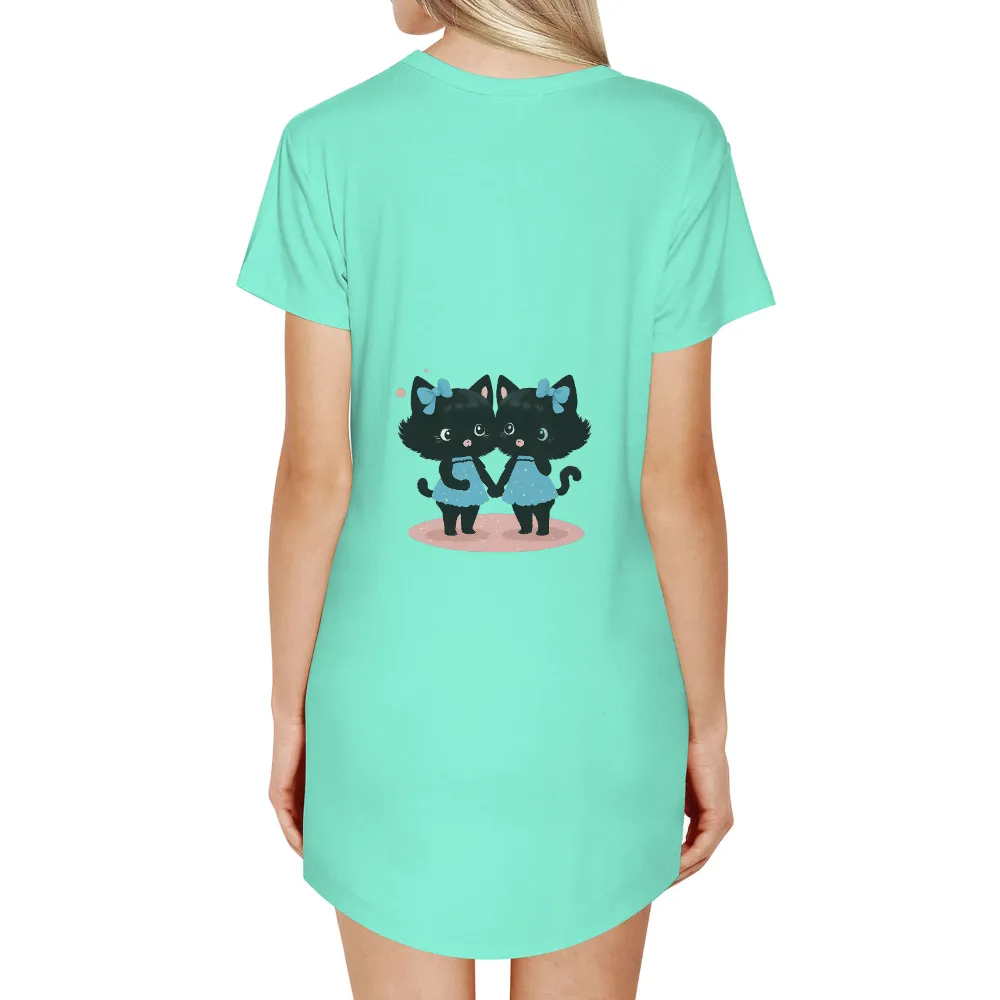 Tee Shirts Printed: Friendship Kittens | Magical Garden Adventure|Two little black kittens with blue bows and dresses