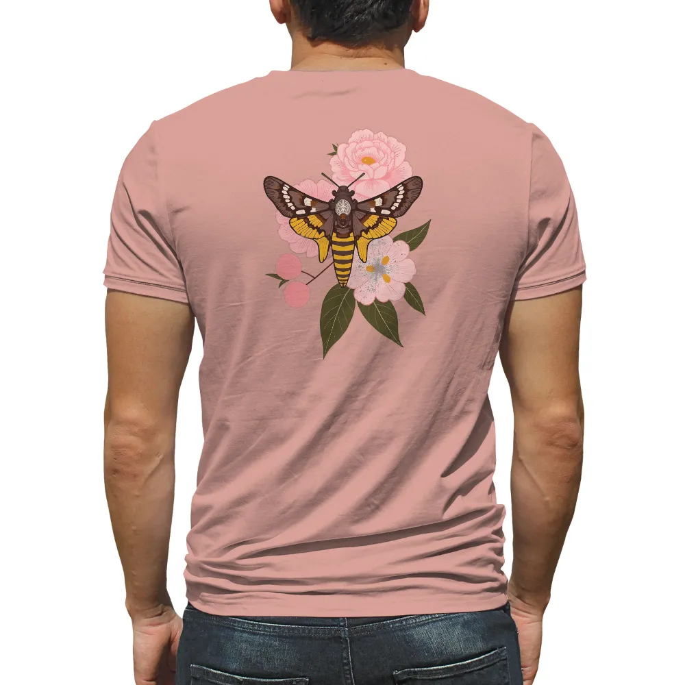 Graphic Tees: Moth & Pink Flower - Nature's Harmony| Serene T-shirt design