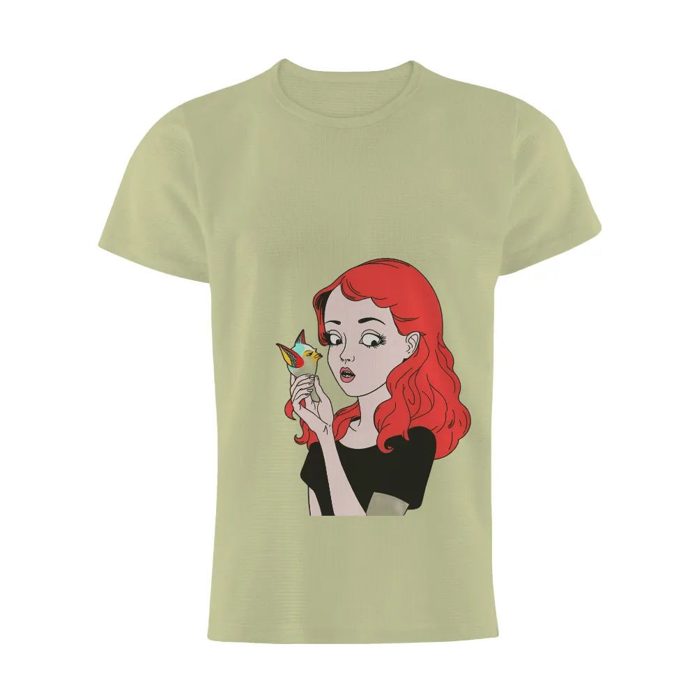 TShirt Design: Red Hair Woman with Bird - Nature's Harmony| Freedom symbol