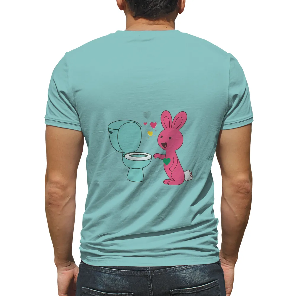 Custom Tee Shirts: Whimsical Pink Bunny with Green Heart and Blue Toilet| blue toilet