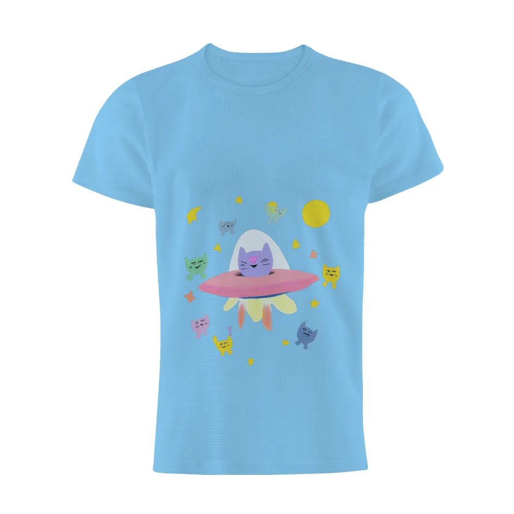 T-Shirts Design: Cosmic Adventure with Colorful Cats| playful and imaginative atmosphere