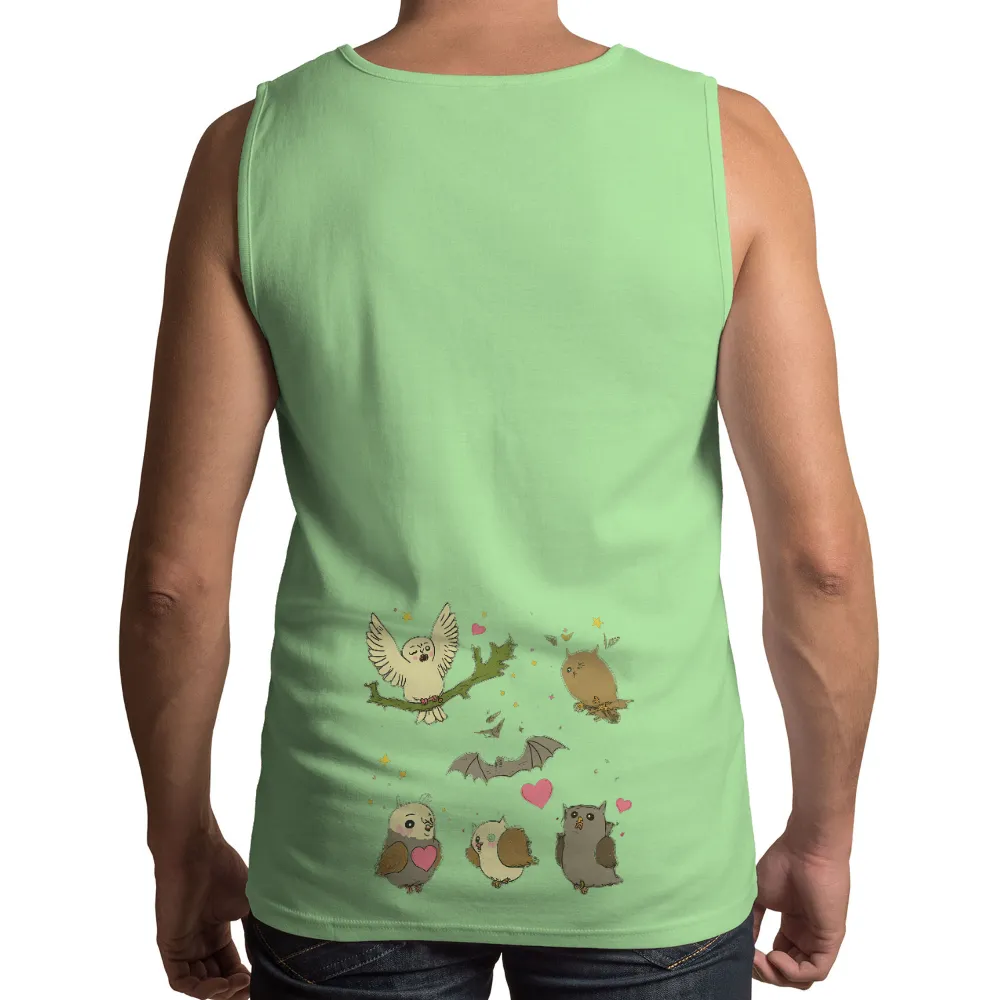 T-Shirts Design: Whimsical Owls and Bats Under the Starry Night| Stars and hearts in the background