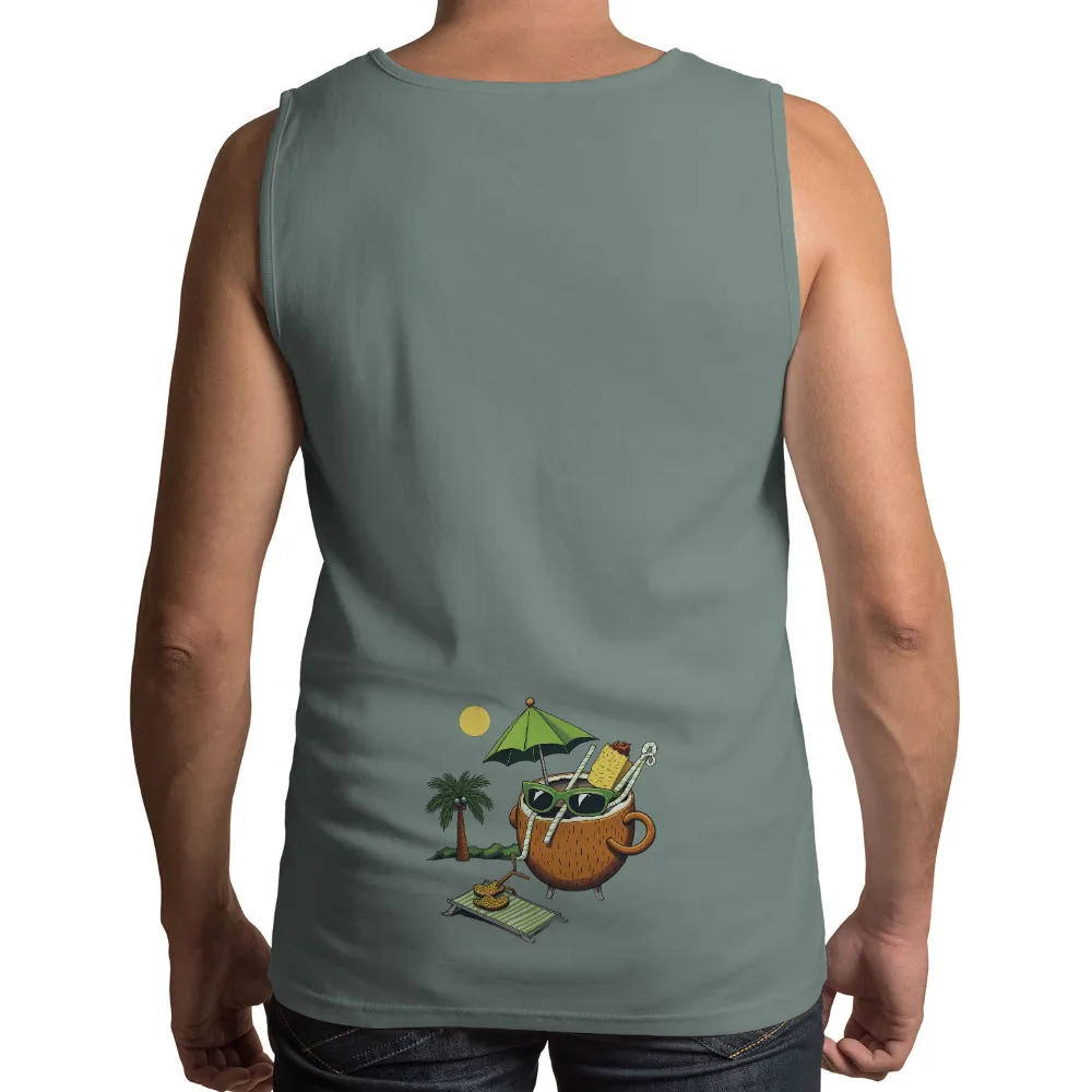 T-Shirts Custom: Coconut Drink Night Relaxation| Coconut shell with pineapple slices and striped straws