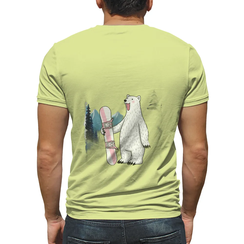 Tee Shirt Printing: Polar Bear Snowboarding Adventure| snow-capped peaks