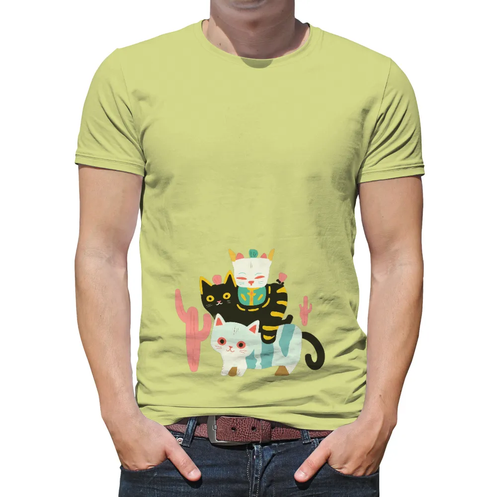 Shirts Graphic Tees: Feline Friends in a Surreal Realm| mixed-colored cat with red eyes