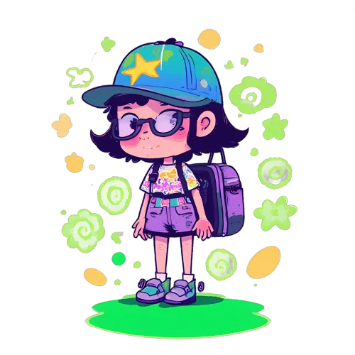 Vibrant Design with Youthful Spirit: Colorful Outfit, Blue Cap, Star, Glasses, Backpack, Whimsical Shapes