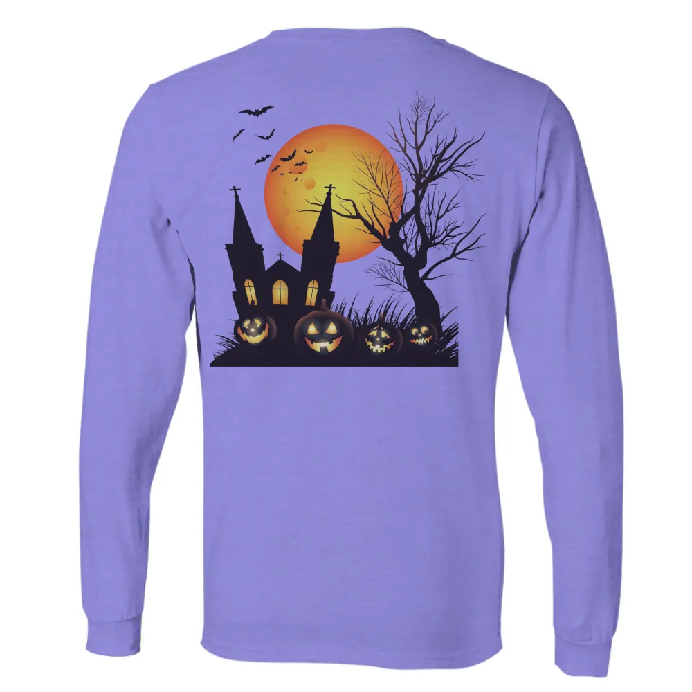 T-Shirts Pattern: Spooky Halloween Night with Pumpkins and Church|men's night out camp shirt playboy