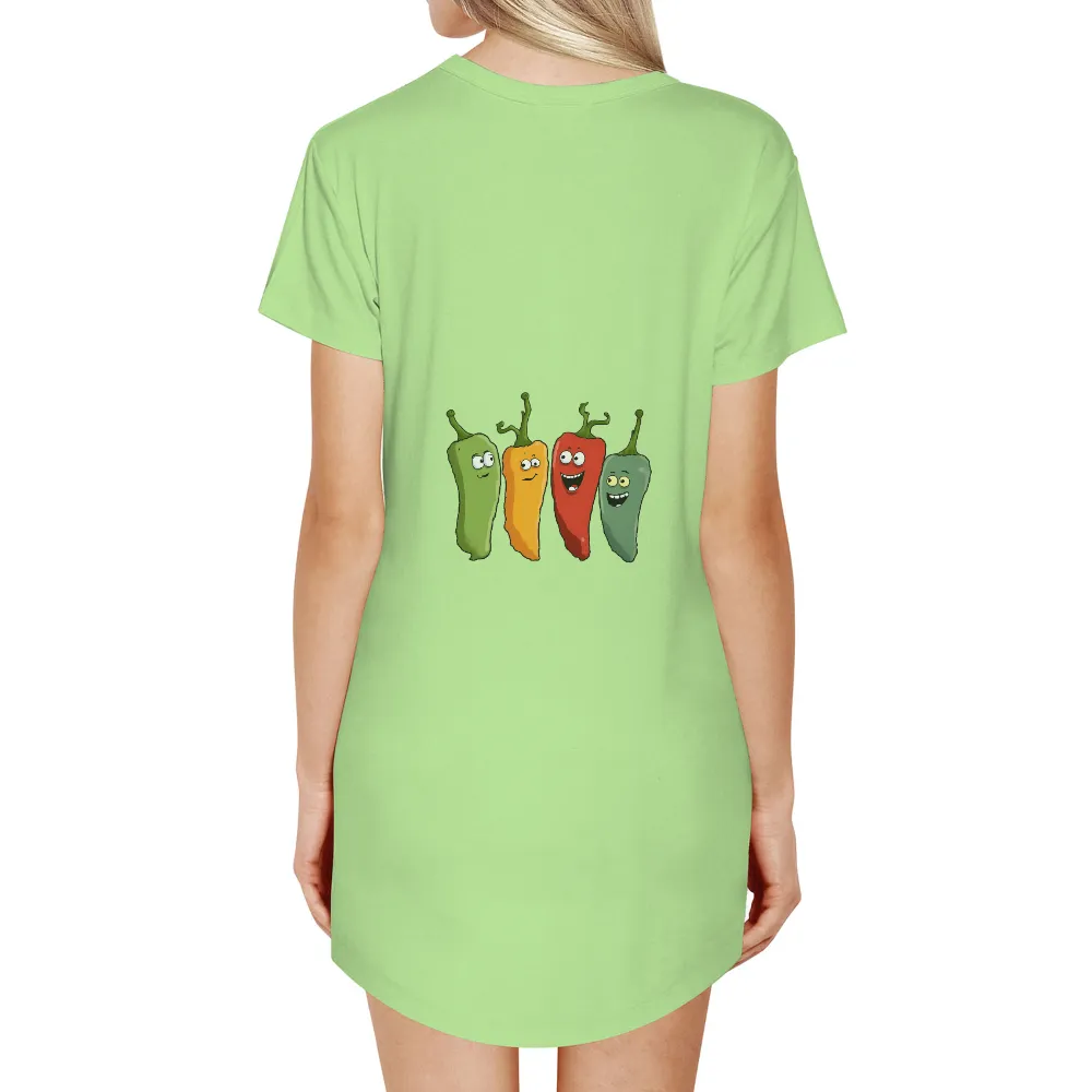 Custom T-Shirt Printing: Vibrant Peppers Expressing Life's Emotions|Green pepper with wide eyes and gentle smile