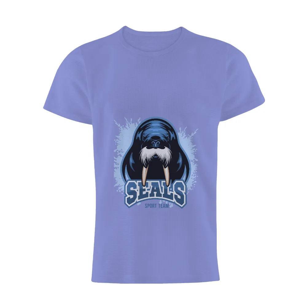 Graphic Tees: Seals Sport Team Mascot Walrus - Sports, Determination, Courage|bleach dye on blue shirt