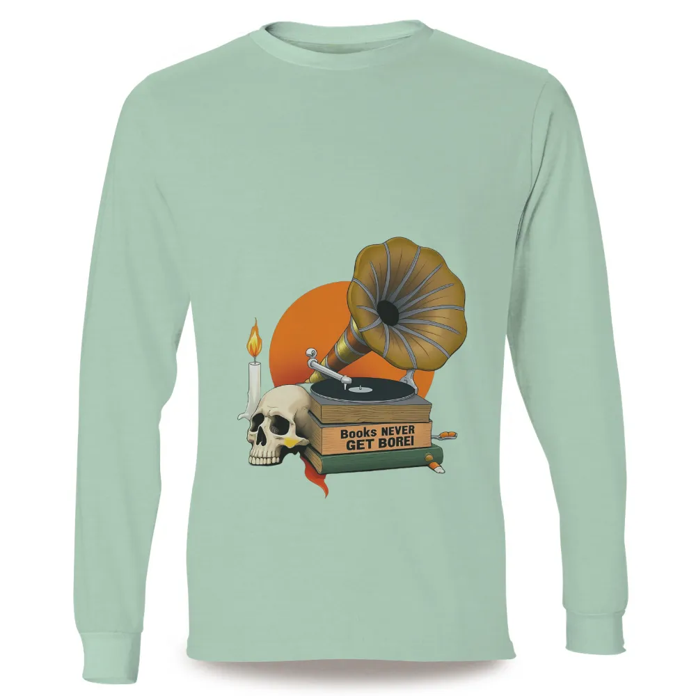 Custom T-Shirt Printing: Vintage Gramophone and Books - Never Get Bored!|Vintage gramophone on books