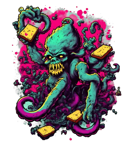 Tee Shirts Printed: Cthulhu Meets SpongeBob - Surreal Horror Pop Culture Design