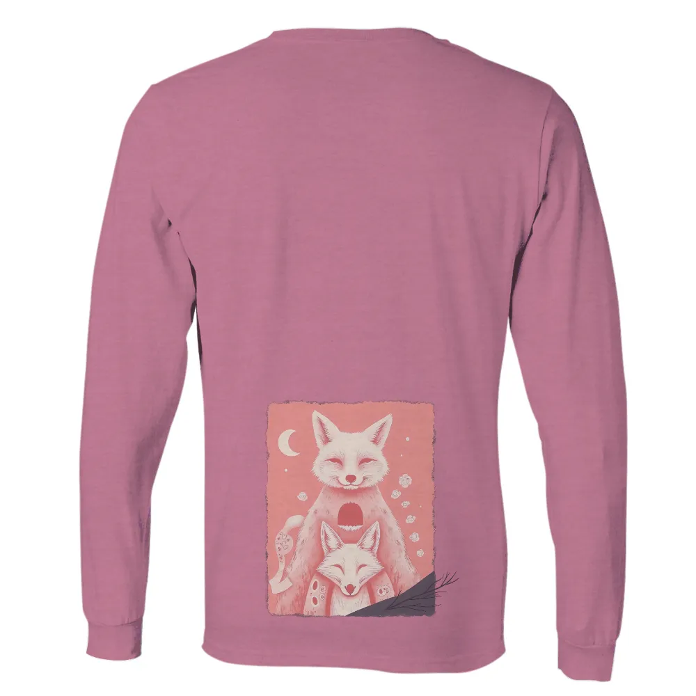 Tee Shirts Printed: Serene Foxes Under the Crescent Moon| Larger fox with closed eyes