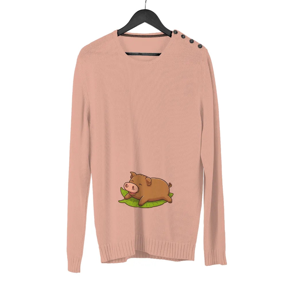 T-Shirts Design: Percy the Happy Pig Resting on a Leaf| tranquil pig on a leaf