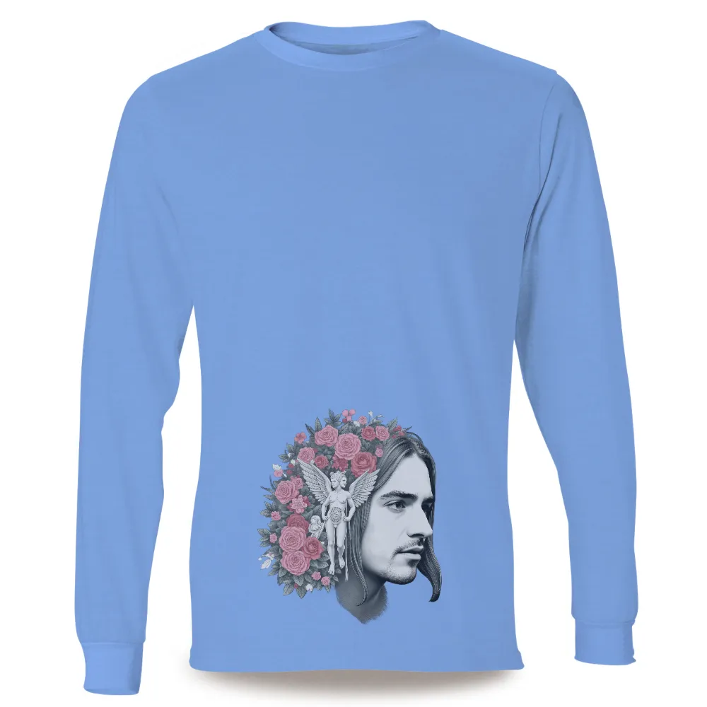 T-Shirts Custom: Angelic Roses - A Blend of Classical and Modern Art|Side profile of a man with long hair