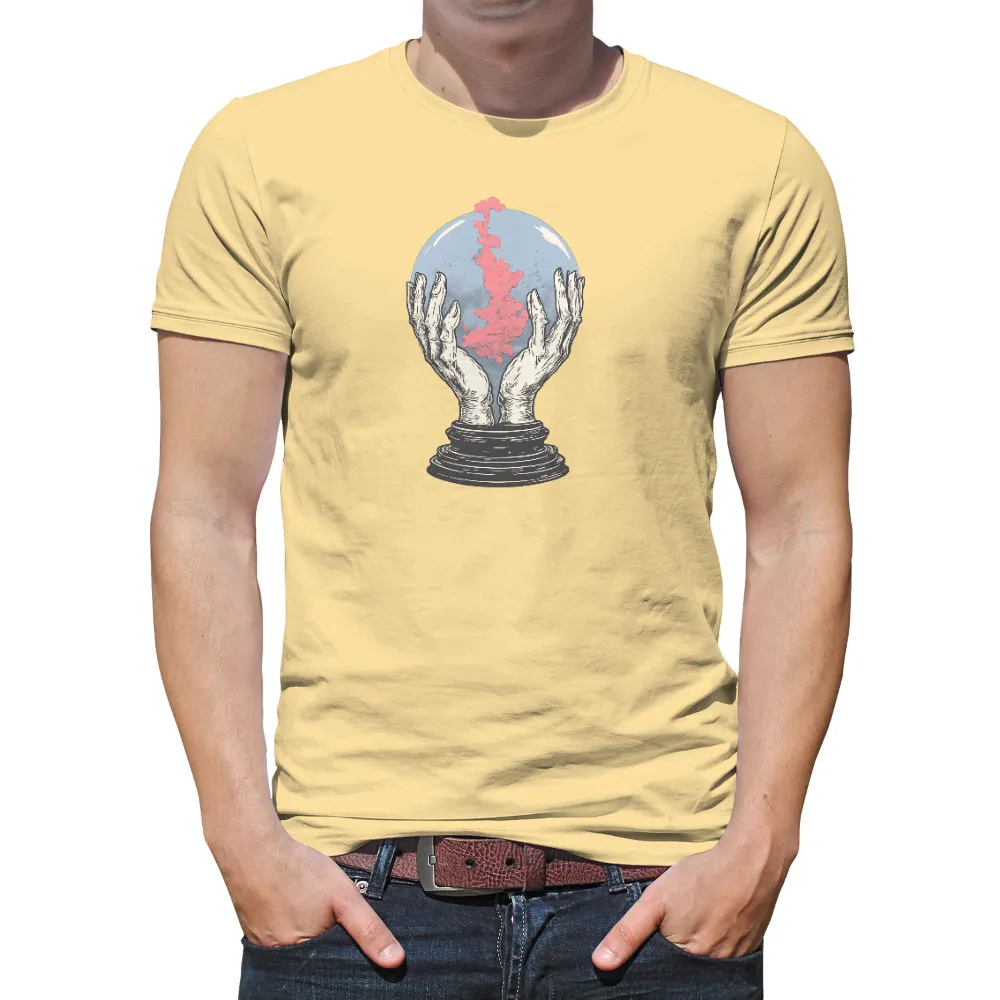 T-Shirts Custom: Skeletal Hands Cradling a Crystal Ball with Pink Ink Cloud| pink ink cloud