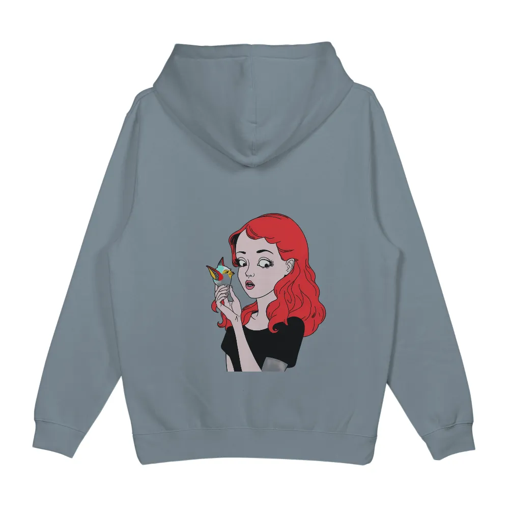 TShirt Design: Red Hair Woman with Bird - Nature's Harmony| Colorful bird