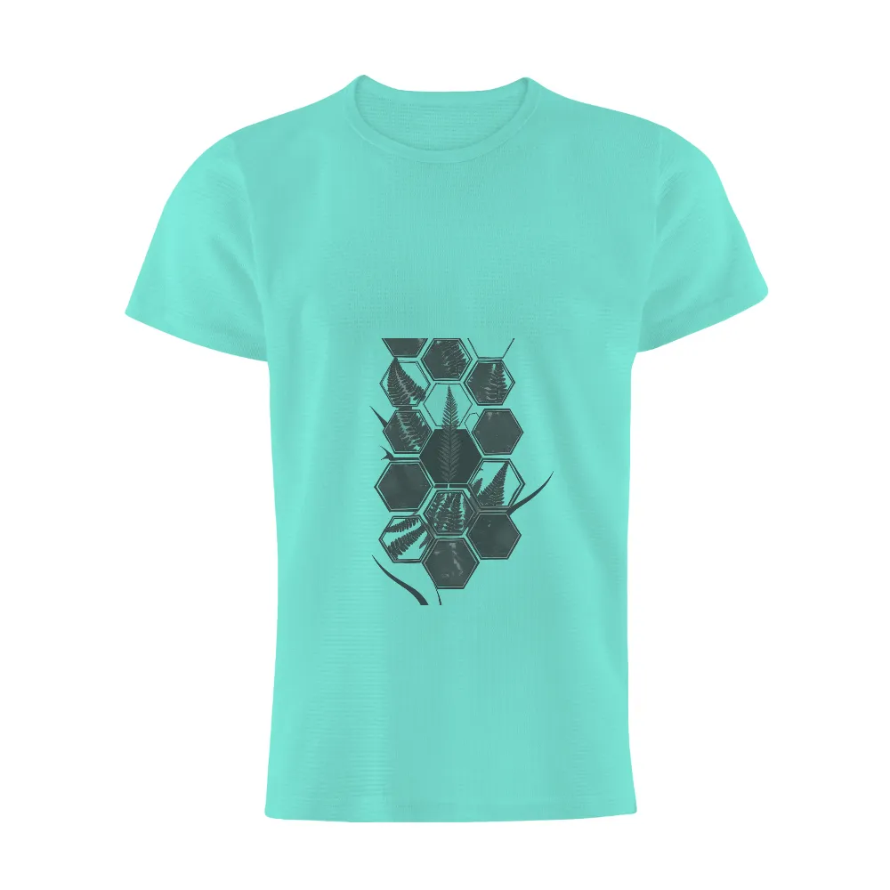 Customized Tee Shirts: Monochrome Ferns in Hexagons| symmetrical fern pattern