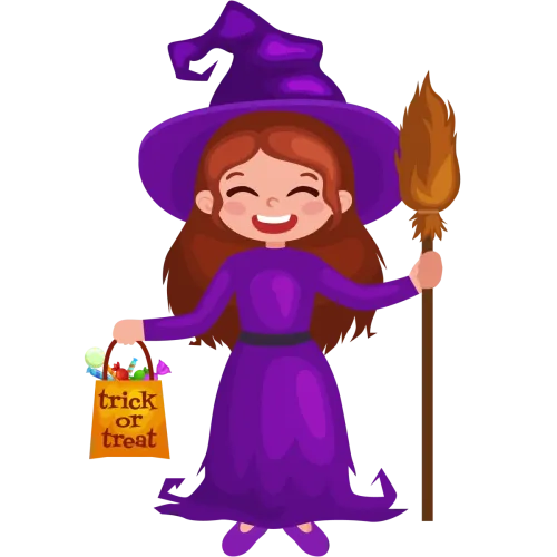 Tee Shirts Printed: Cheerful Witch in Purple Dress for Halloween