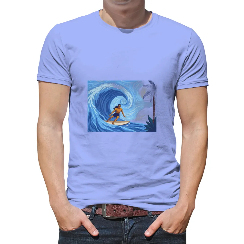 Tee Shirt Printing: Surfer Riding the Wave Under the Moon| determined expression